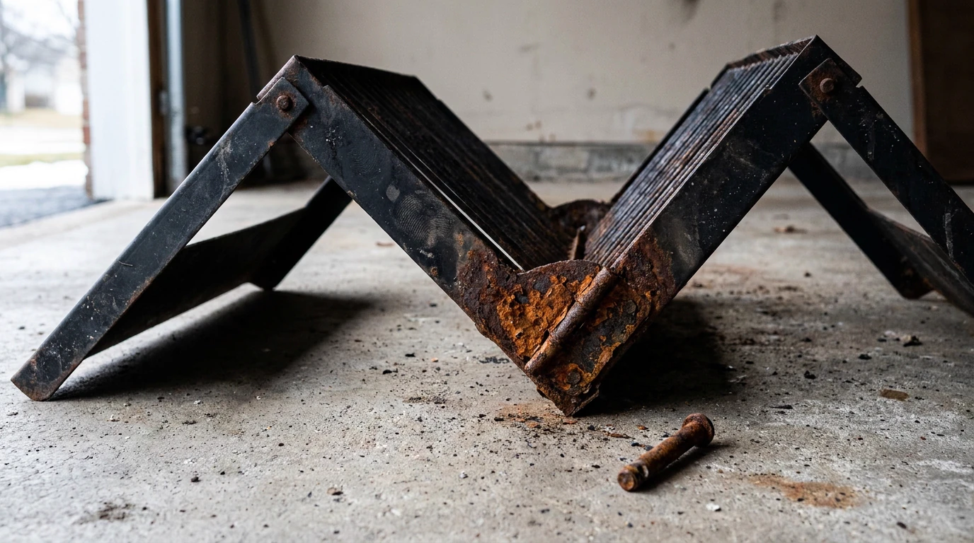 An old folding fire pit of blackened mild steel on a concrete garage floor, jammed half open because its hinge barrel is packed with rust, a rusted pin lying beside it