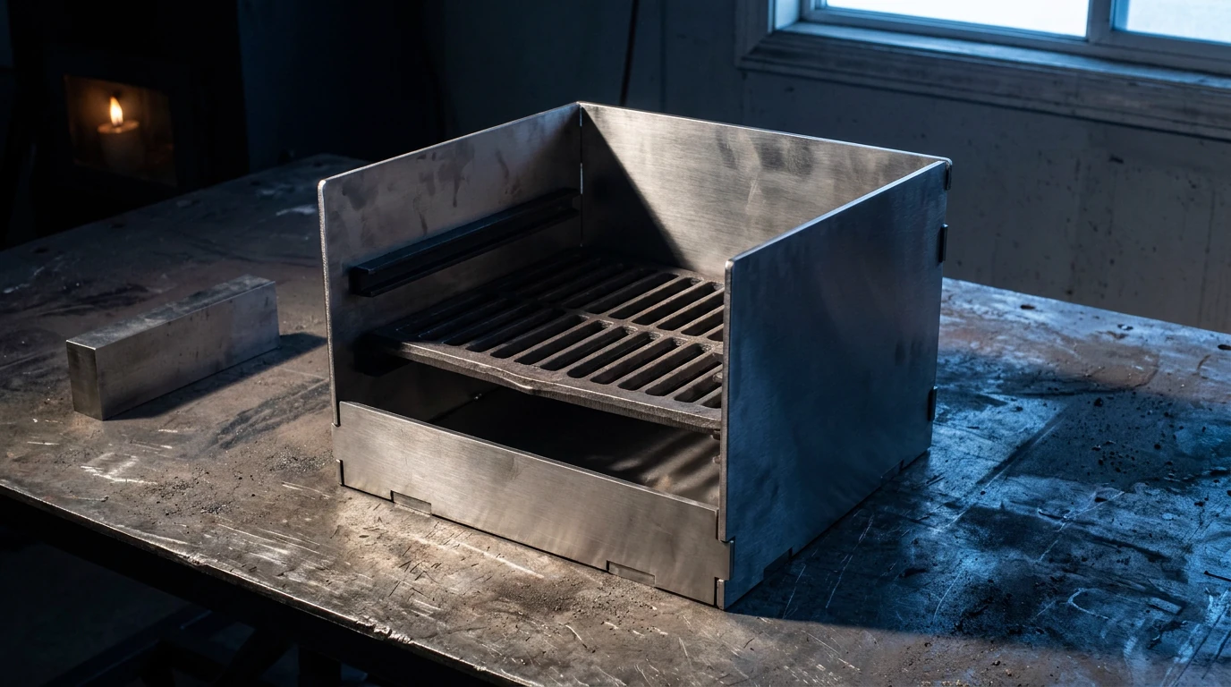 The firebox fully assembled and square, with the cast iron grate resting on the upper internal rail
