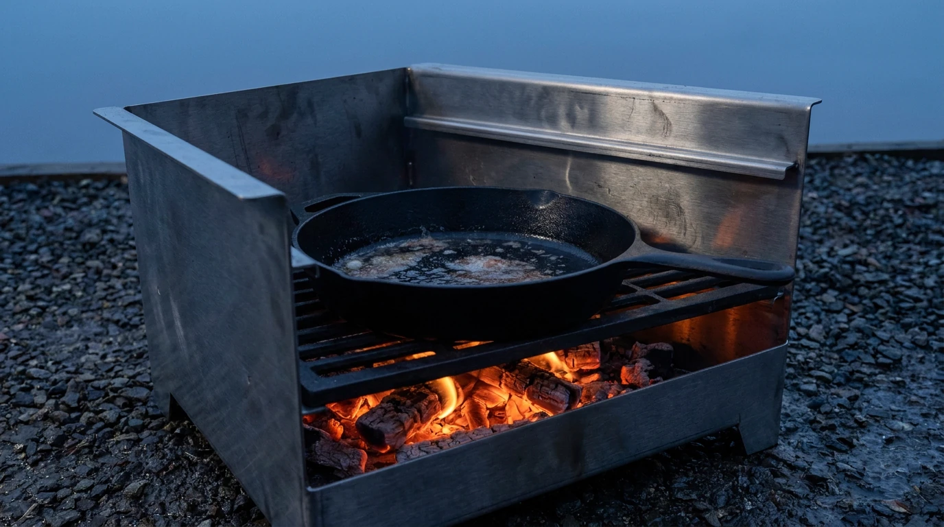A black cast iron skillet resting on the grate at the lower rail, sixty millimetres above a bed of glowing embers, both internal rails visible as pressed ledges in the near wall