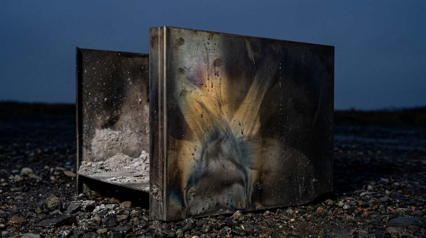 A used stainless firebox on wet gravel at blue hour, its outer walls bloomed straw-gold and grey-blue with heat oxide, inner corners caked with pale grey ash, cold and unlit