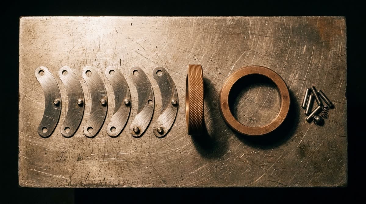 The IR-6 disassembled: six steel leaves, the knurled collar, the body ring and pins