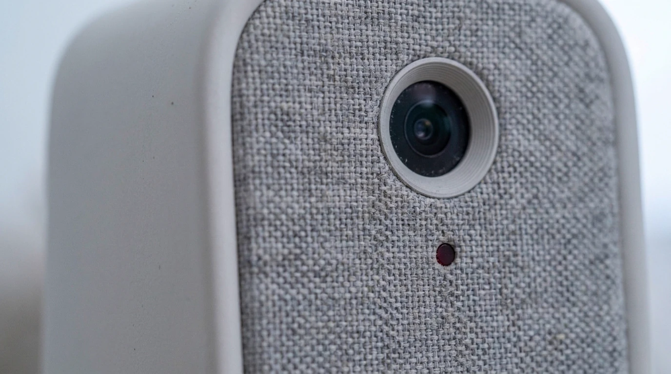 Close view of the woven cloth face, the recessed sensor aperture and the unlit red indicator