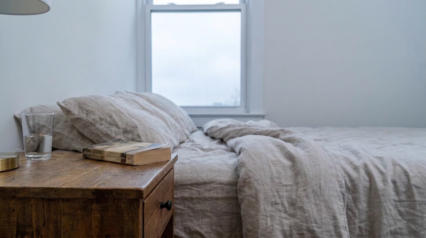 An empty bed with the covers thrown back, photographed from the nightstand at the height of the monitor's sensor