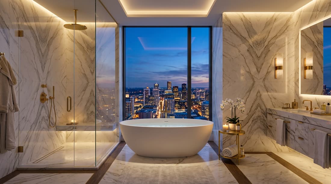 The principal bath: Marble, brass and a freestanding tub